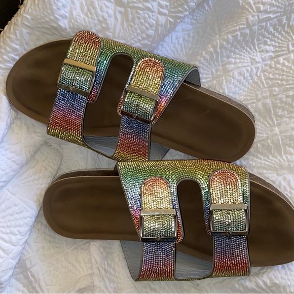 Rainbow Sparkle Double Buckle Slide Sandals Torrid Size 10.5 WW - Picture 7 of 11